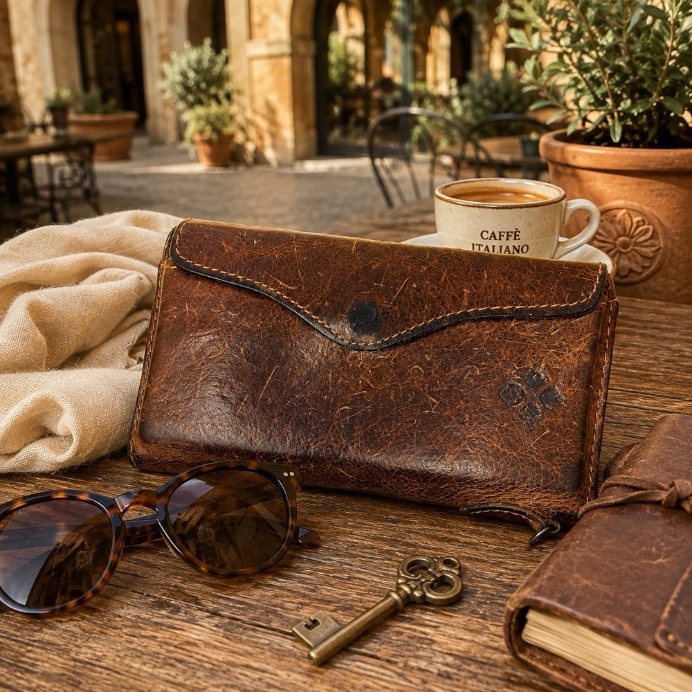 PATRICIA NASH Valentia Distressed Leather Clutch Wristlet Wallet Cognac P08101